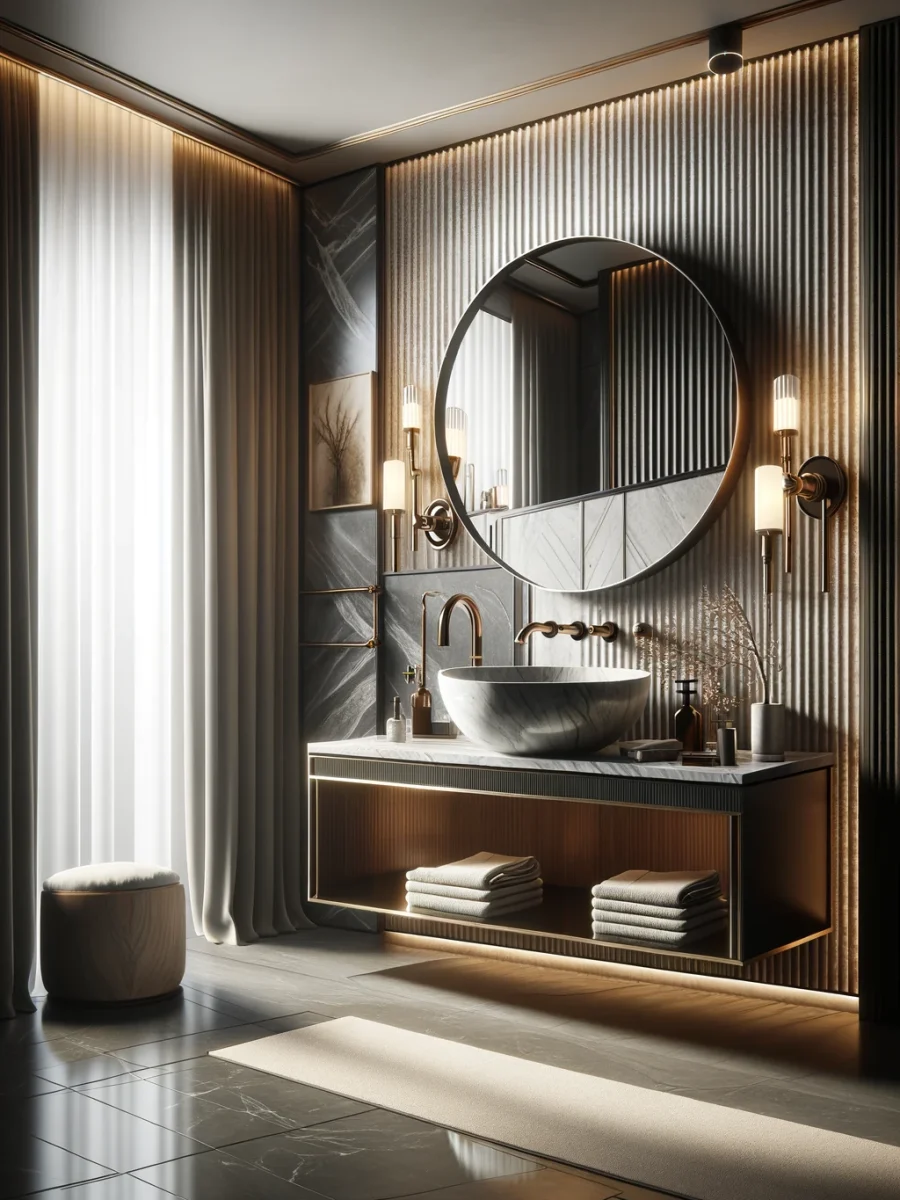 DALL·E 2024-04-08 21.06.05 - Create a vertical, photorealistic image of a luxury modern bathroom sink and mirror setup. The design should feature high-end materials like marble or