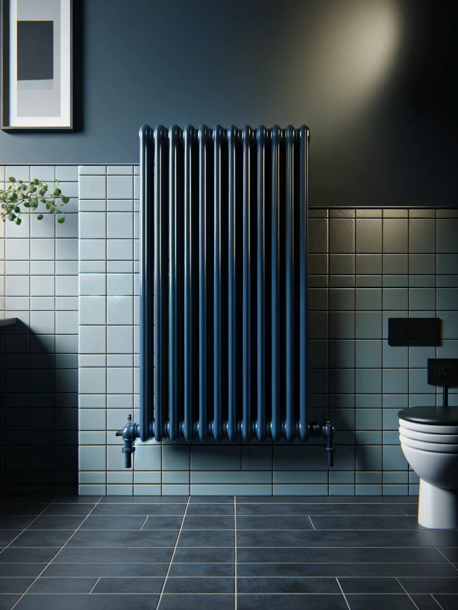DALL·E 2024-04-08 21.12.25 - Create a vertical, photorealistic image of a simple, standard style radiator designed for use in a bathroom, but in a dark dark blue color. The radiat