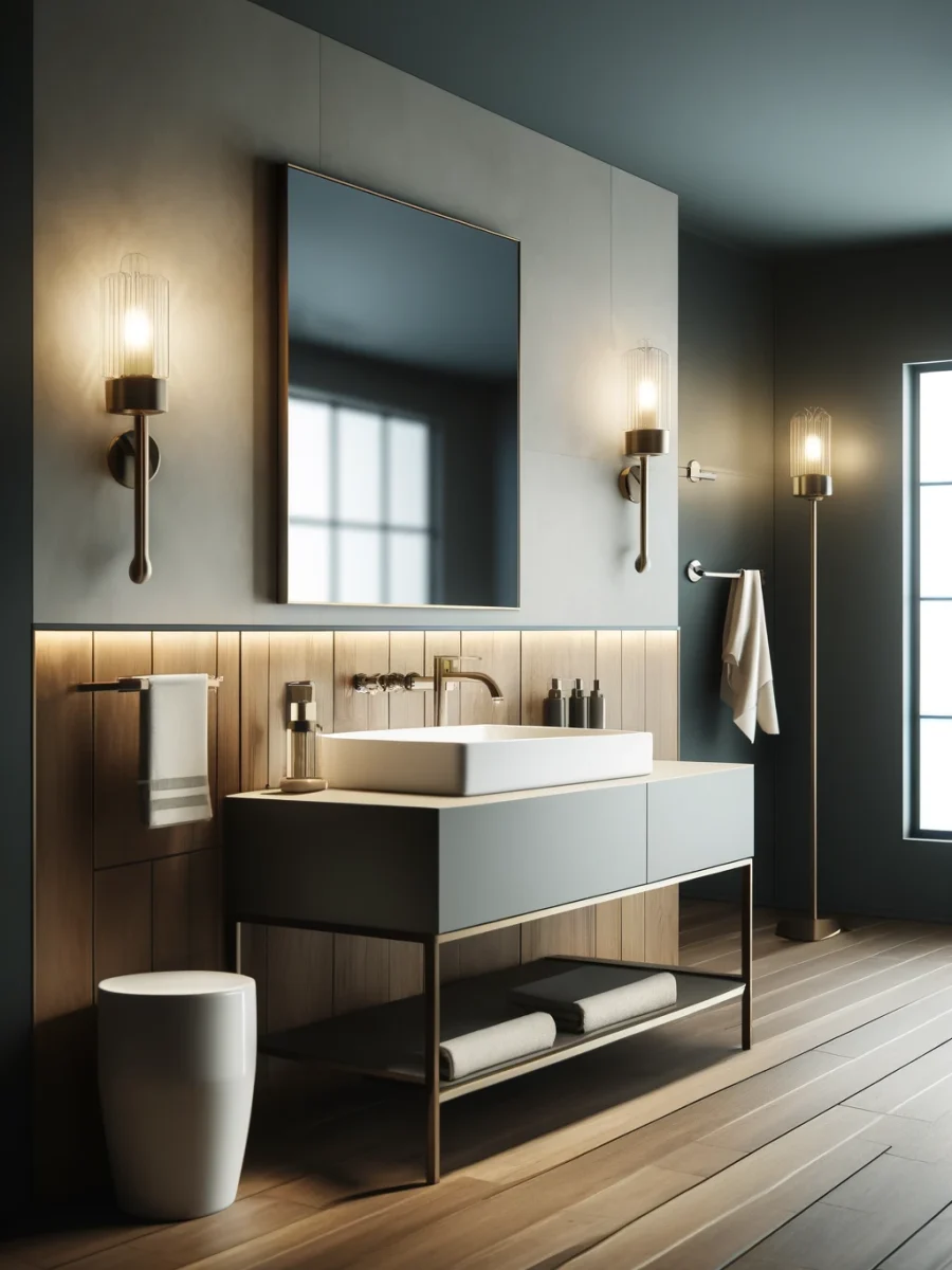 DALL·E 2024-04-08 21.20.51 - Create a vertical image of a modern and stylish bathroom sink and mirror setup. The image should highlight a sleek, contemporary sink with clean lines